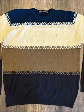 PLAYBOY Colorblock Crewneck Sweater in Navy, Cream & Brown